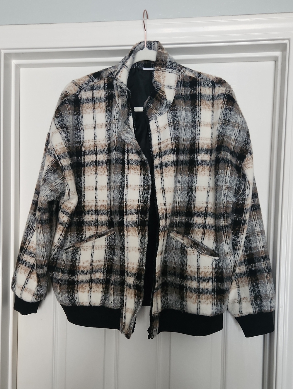 Plaid Bomber Jacket - Black & Cream